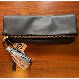 Hechizo for Anthropologie Black Leather Foldover Clutch Metallic Tassel NWT